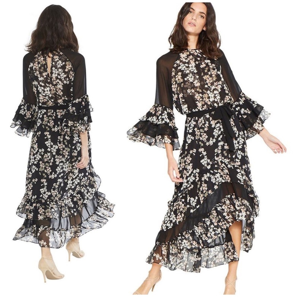 {MISA} Kateri Asymmetrical Black Floral Ruffle Tier Chiffon Maxi Dress, Size L